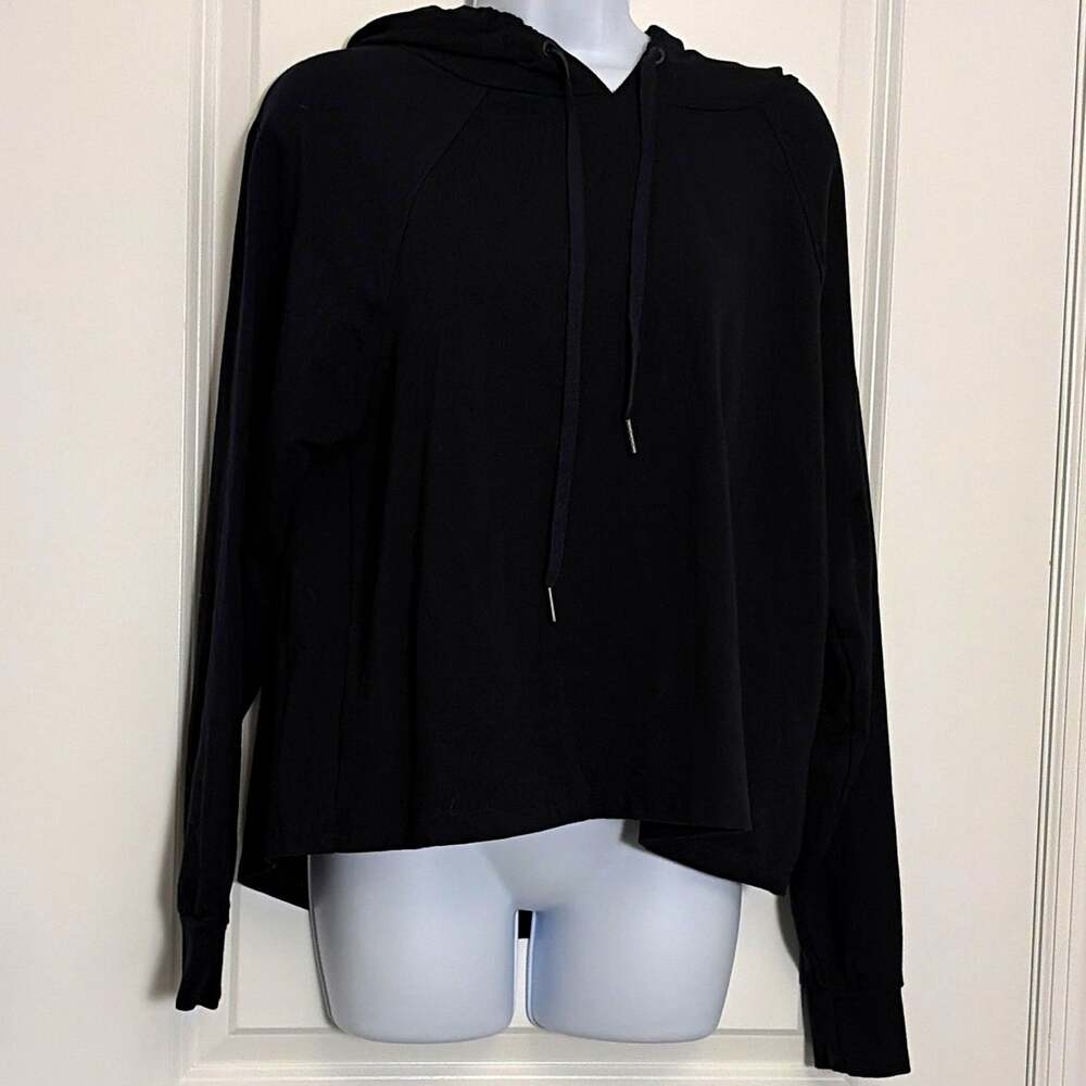 Women's Black Solid Pullover Hoodie Raglan Long Sleeve Cotton Blend Knit L